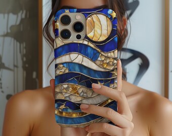 Celestial Phone case, Moon and Stars iphone case, Blue Gold waves Stained Glass Effect Phone Case,  faux effect case for iPhone and Samsung