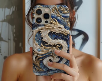 Dragon mosaic Stained Glass Effect Phone Case, gold and blue printed case for iPhone and Samsung, phone gifts for dragon lovers
