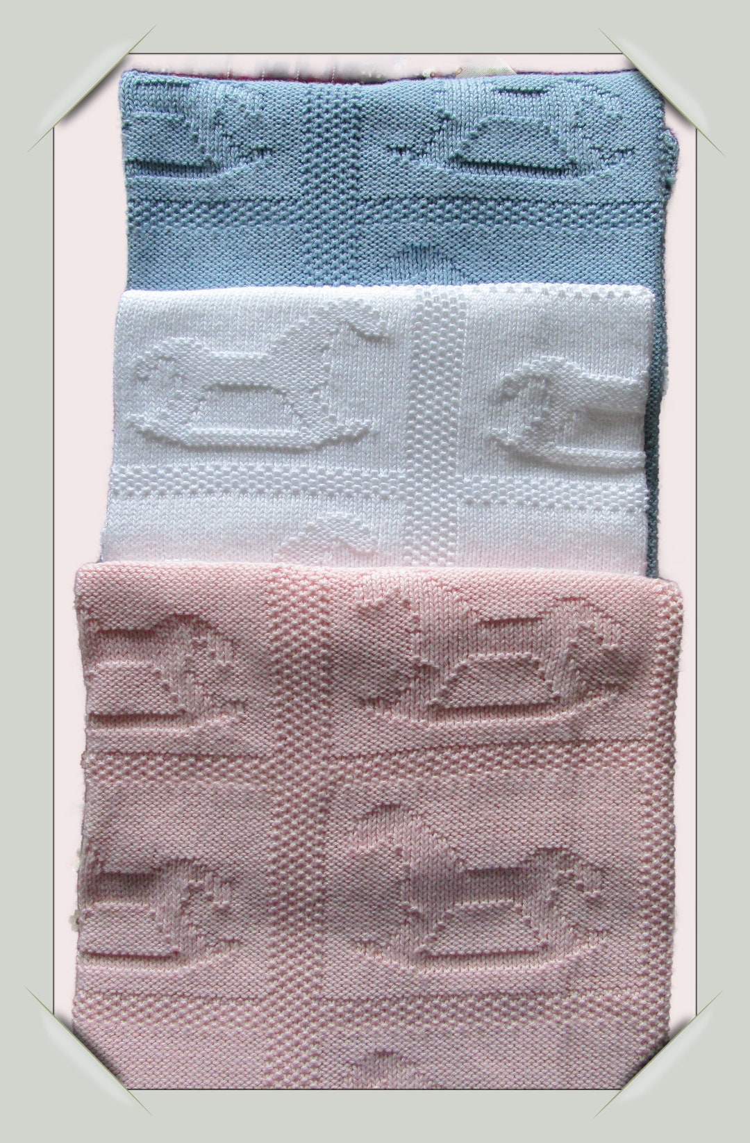 Knitted Baby Blanket With Rocking Horses 100 Soft Cotton Etsy