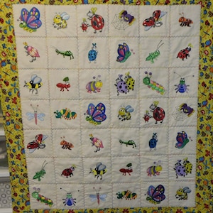Cute Bugs - Get Buggy Machine Embroidered Baby Quilt, Crib Quilt, Baby Blanket, Handmade Baby Quilt - approx 36&quot; x 41&quot;