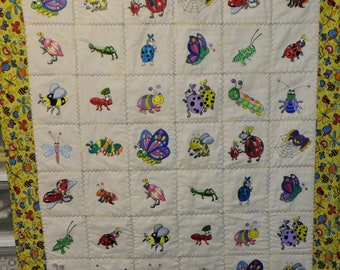 Cute Bugs - Get Buggy Machine Embroidered Baby Quilt, Crib Quilt, Baby Blanket, Handmade Baby Quilt - approx 36" x 41"