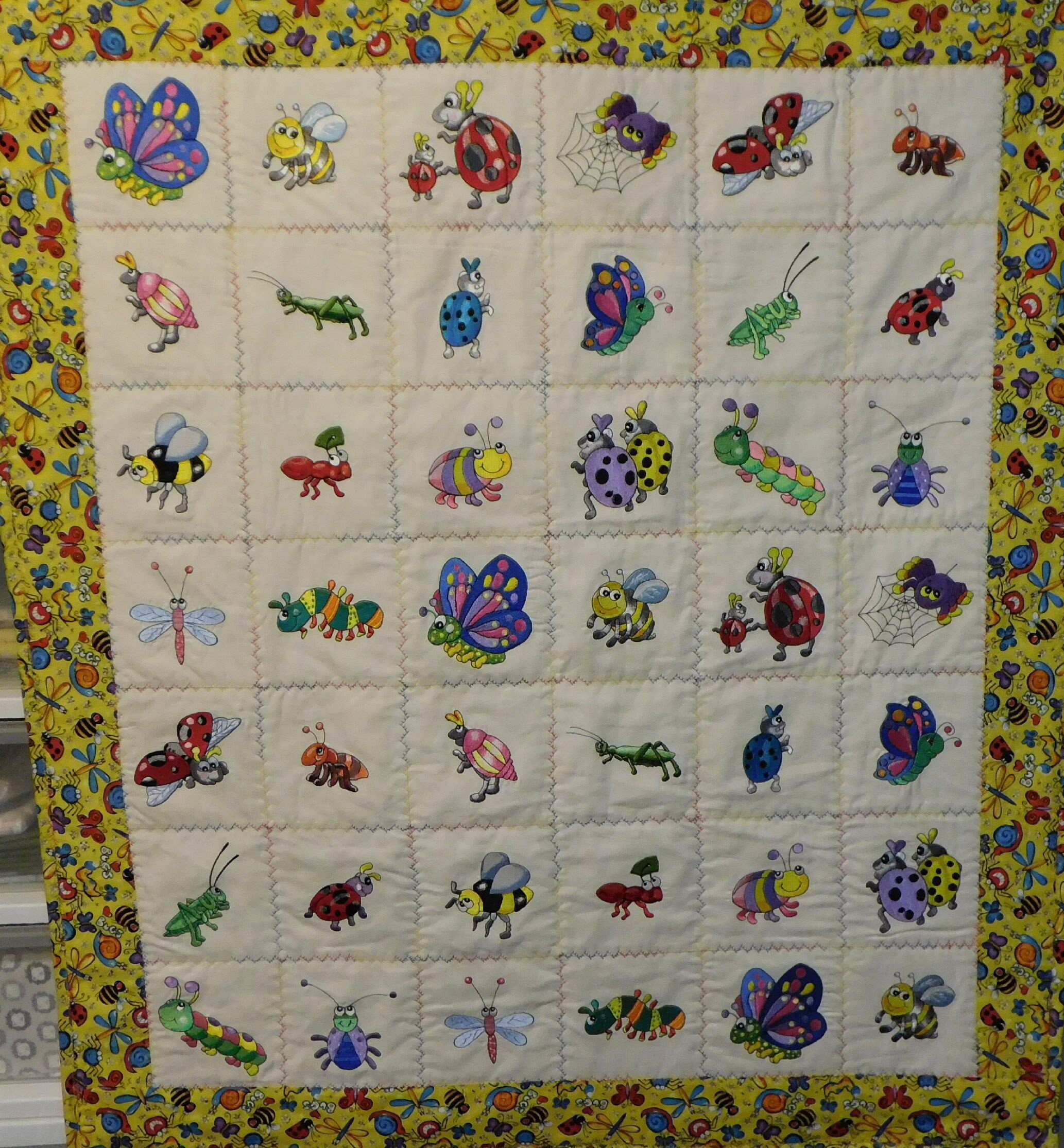 Cute Bugs - Get Buggy Machine Embroidered Baby Quilt, Crib Quilt, Baby Blanket, Handmade Baby Quilt - approx 36" x 41"
