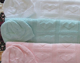 Knitted Baby Blanket, With Hearts - 100% Soft Cotton, Matching Hat