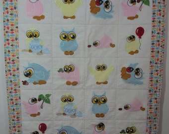 Baby Owls Machine Embroidered Baby Quilt, Baby Owls, Crib Quilt, Baby Quilt, Handmade Baby Quilt - approx 38" x 46" - Owls