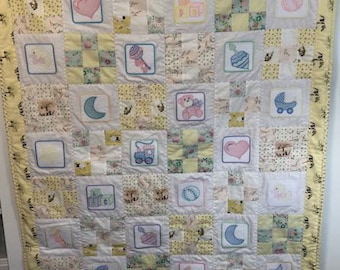 Baby Blocks and Nine Patch Hand Made Embroidered Quilt, Baby Quilt, Crib Quilt - Approx 40" x 46"
