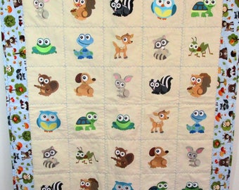 Wide Eyed Baby Animals, Machine Embroidered Baby Quilt, Handmade Baby Animals Baby Quilt - approx 36" x 42"