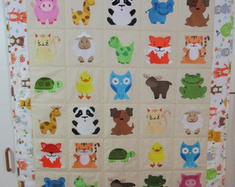 Playful Pals Machine Embroidered Baby Quilt, Crib Quilt, Baby Blanket, Handmade Baby Animals Quilt - approx 38" x 44"