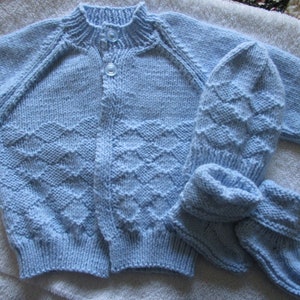 Hand Knitted Baby Layette Set, Baby Sweater Set, Baby Outfit, Baby Blue - Hand Made - 9 - 12 months