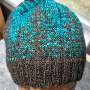 May include: A hand-knitted beanie hat with a teal and brown color scheme. The hat features a textured pattern and a matching pom-pom on top. The hat is designed to keep the wearer warm and stylish during the colder months.
