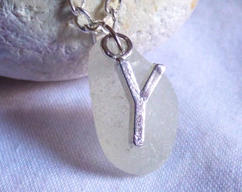 CLEARANCE Y Necklace, Seaglass Pendant, Initial Necklace, Sea Glass jewelry, Y Pendant, Y Jewellery, Letter Jewelry, Beachglass - PC17020