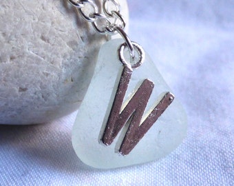 CLEARANCE - Initial W, Seaglass Pendant, Sea Glass Necklace, Customized Pendant, Necklace, Personalised Pendant, Personalized - PC17007