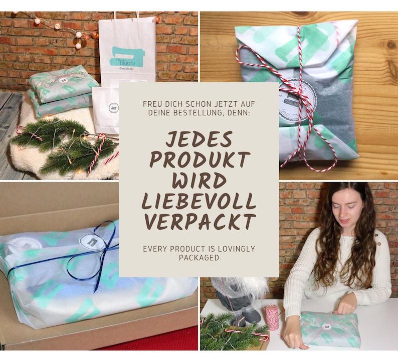 Puede incluir: Un collage de im&aacute;genes que muestran diferentes formas de empaquetar los productos. El texto dice "Every product is lovingly packaged." El texto tambi&eacute;n dice "Jedes Produkt wird liebevoll verpackt."