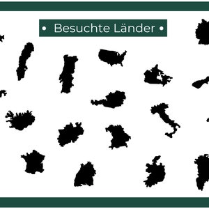 Puede incluir: Una imagen en blanco y negro que muestra los contornos de varios pa&iacute;ses. El t&iacute;tulo "Besuchte L&auml;nder" est&aacute; en la parte superior de la imagen, que se traduce como "Pa&iacute;ses visitados" en ingl&eacute;s.