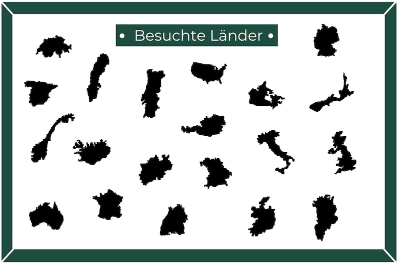 Puede incluir: Una imagen en blanco y negro que muestra los contornos de varios pa&iacute;ses. El t&iacute;tulo "Besuchte L&auml;nder" est&aacute; en la parte superior de la imagen, que se traduce como "Pa&iacute;ses visitados" en ingl&eacute;s.