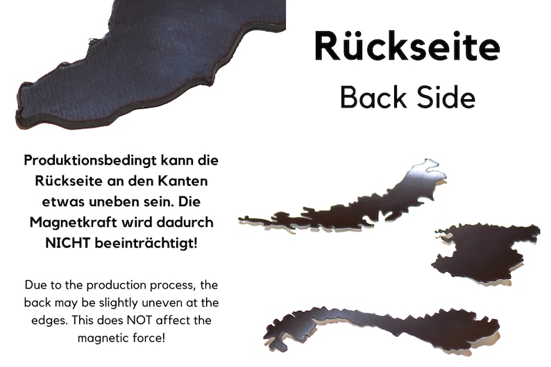 Puede incluir: Una imagen en blanco y negro que muestra la parte posterior de un producto magn&eacute;tico. El texto "R&uuml;ckseite" y "Back Side" se muestra en letras blancas en negrita. El texto "Produktionsbedingt kann die R&uuml;ckseite an den Kanten etwas uneben sein. Die Magnetkraft wird dadurch NICHT beeintr&auml;chtigt!" se muestra en texto negro. El texto "Due to the production process, the back may be slightly uneven at the edges. This does NOT affect the magnetic force!" se muestra en texto negro.