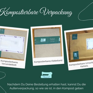 Puede incluir: Tres im&aacute;genes que muestran opciones de embalaje compostable. La primera imagen muestra una etiqueta de env&iacute;o compostable. La segunda imagen muestra cinta adhesiva compostable. La tercera imagen muestra sobres y cajas compostables. El texto debajo de las im&aacute;genes dice "Despu&eacute;s de recibir tu pedido, puedes compostar el embalaje exterior tal como est&aacute;."