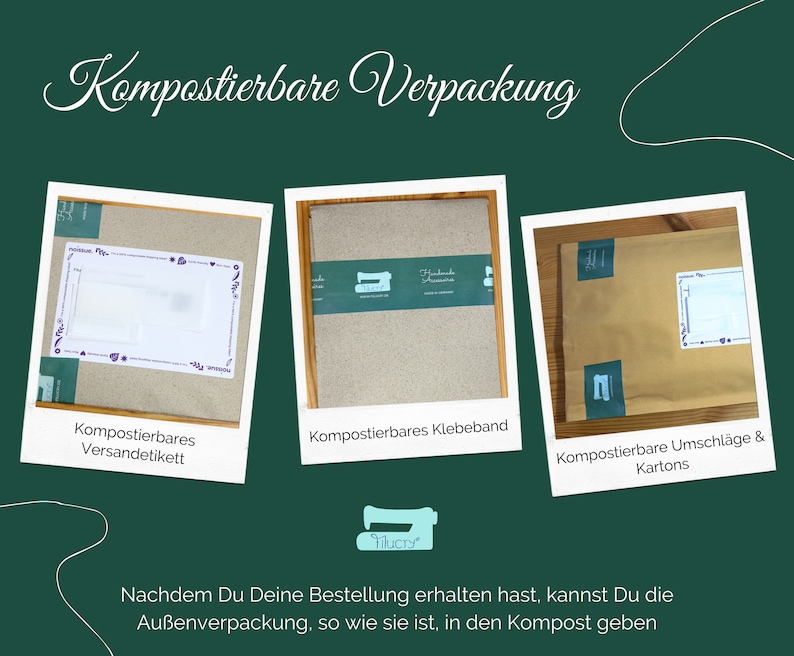 Puede incluir: Tres im&aacute;genes que muestran opciones de embalaje compostable. La primera imagen muestra una etiqueta de env&iacute;o compostable. La segunda imagen muestra cinta adhesiva compostable. La tercera imagen muestra sobres y cajas compostables. El texto debajo de las im&aacute;genes dice "Despu&eacute;s de recibir tu pedido, puedes compostar el embalaje exterior tal como est&aacute;."
