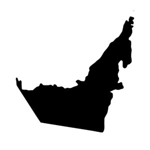 May include: A black silhouette of the United Arab Emirates, a country in the Middle East.