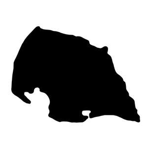 May include: A black silhouette of an island with a jagged coastline.