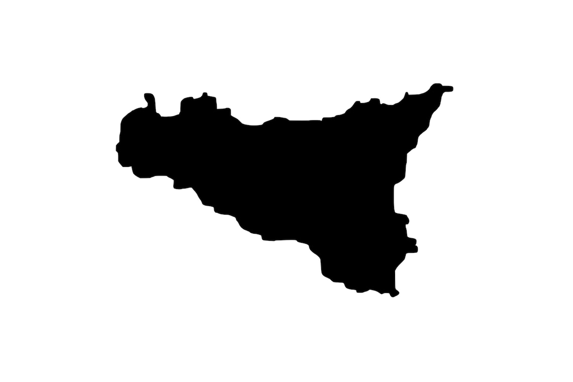 May include: A black silhouette of the island of Sicily, Italy.