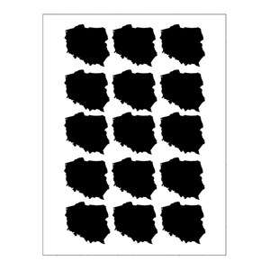 Könnte beinhalten: Ein Bogen mit 16 schwarzen Silhouette-Aufklebern mit der Umrissform Polens. Die Aufkleber sind in vier Reihen zu vier angeordnet.