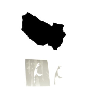 May include: Black silhouette of a state or region on a white background.