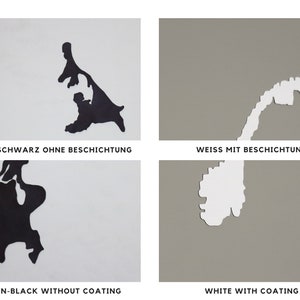 Puede incluir: Dos im&aacute;genes que muestran la misma forma, un mapa de Noruega, en dos colores diferentes. La imagen superior muestra el mapa en blanco sobre un fondo gris con el texto "WEISS MIT BESCHICHTUNG". La imagen inferior muestra el mapa en negro sobre un fondo blanco con el texto "BROWN-BLACK WITHOUT COATING".