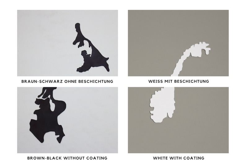 Puede incluir: Dos im&aacute;genes que muestran la misma forma, un mapa de Noruega, en dos colores diferentes. La imagen superior muestra el mapa en blanco sobre un fondo gris con el texto "WEISS MIT BESCHICHTUNG". La imagen inferior muestra el mapa en negro sobre un fondo blanco con el texto "BROWN-BLACK WITHOUT COATING".