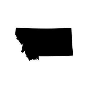 May include: A solid black silhouette of the state of Montana against a white background. The shape is a simple, graphic representation of the state's borders, with its distinctive outline clearly visible.