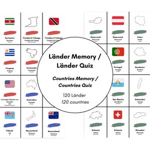 120 banderas + tarjetas de esquema de países Plantilla PDF para imprimir y cortar, memoria de países, prueba de geografía asignar nombres de países