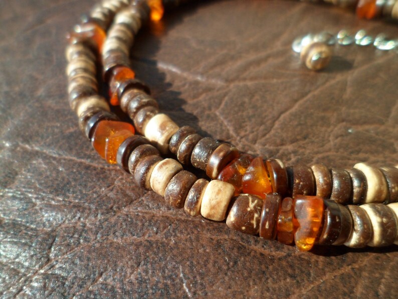 Gift for Men Mens Unisex Beaded Necklace Ethnic Necklace Necklace for Men Natural Coconut Shell Beads and Baltic Amber