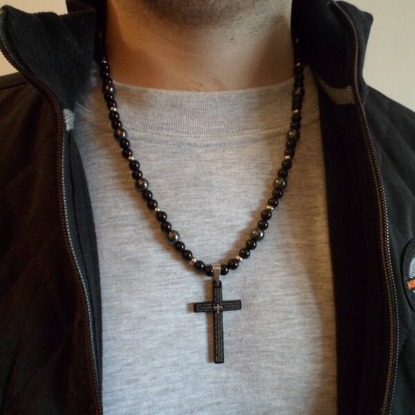 Stainless Steel Black Cross, Natural Stones Black Onyx and Black Hematite Mens Beaded Necklace Pendant, Gift for Men