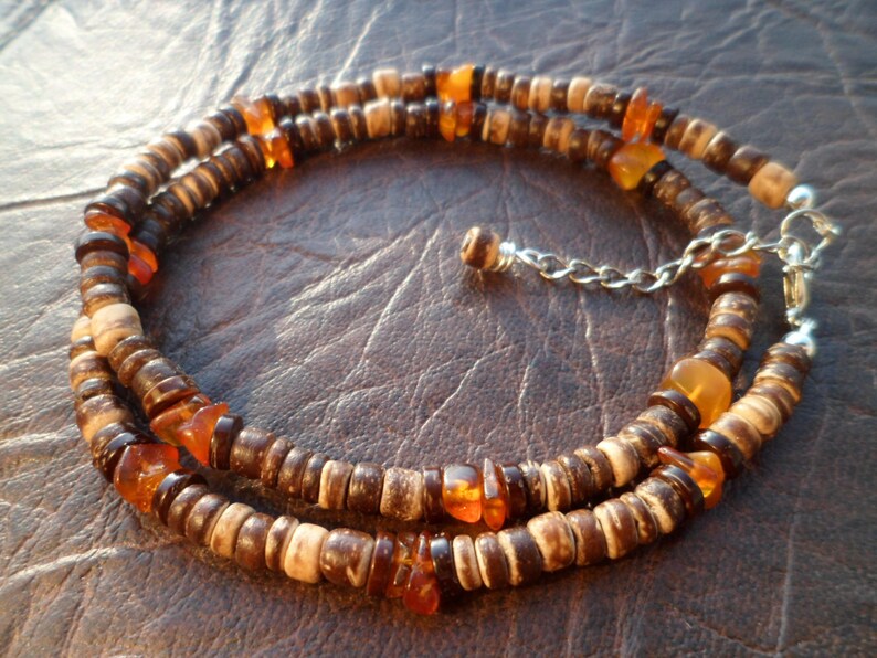 Gift for Men Mens Unisex Beaded Necklace Ethnic Necklace Necklace for Men Natural Coconut Shell Beads and Baltic Amber