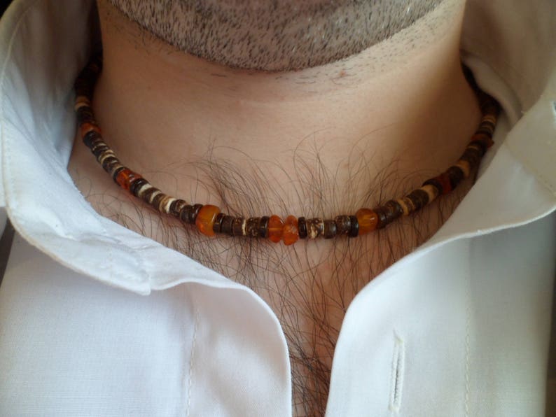 Gift for Men Mens Unisex Beaded Necklace Ethnic Necklace Necklace for Men Natural Coconut Shell Beads and Baltic Amber