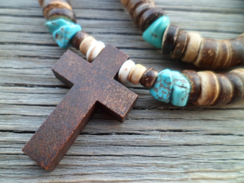 SALE Natural Stones Turquoise Gift for Men Mens Gemstone Beaded Necklace Coconut Shell Beads,Wooden Cross Mens Necklace,Ethnic Necklace