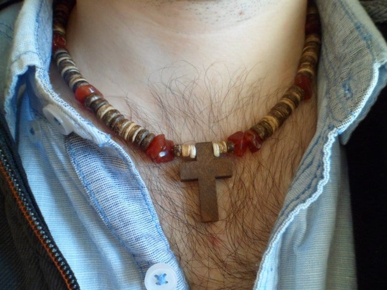 SALE Natural Stones Turquoise Gift for Men Mens Gemstone Beaded Necklace Coconut Shell Beads,Wooden Cross Mens Necklace,Ethnic Necklace