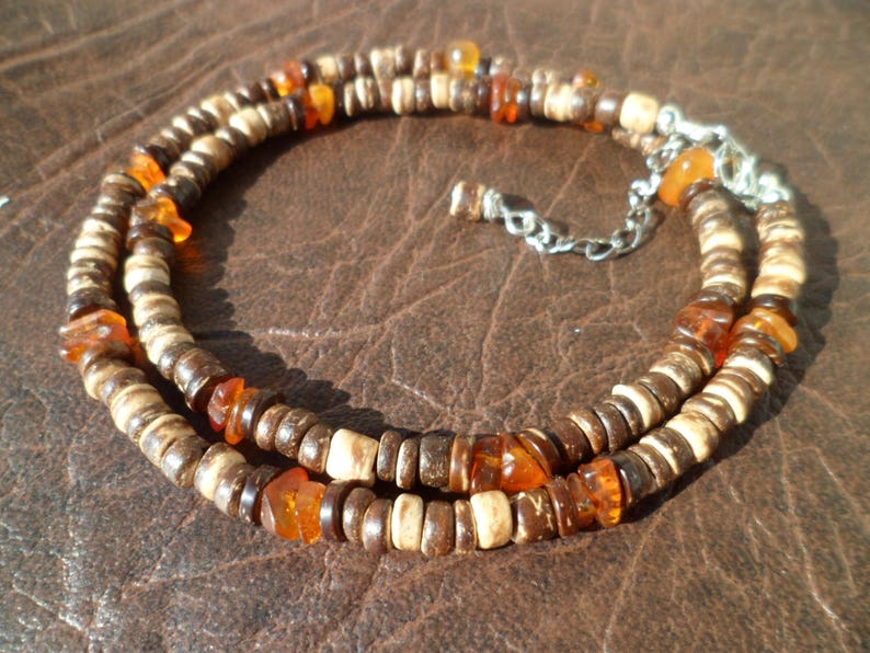 Gift for Men Mens Unisex Beaded Necklace Ethnic Necklace Necklace for Men Natural Coconut Shell Beads and Baltic Amber