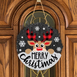 Reindeer Merry Christmas Door hanger sign- front door decoration- Christmas sign- door sign