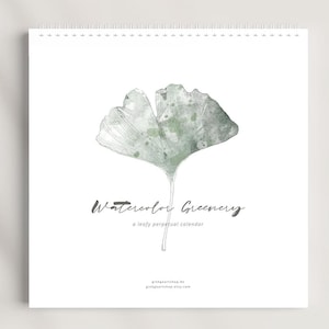 Watercolor Greenery Perpetual Calendar – green leaves Perpetual birthday calendar,  christmas gift idea plant lovers, square 21cmx21cm
