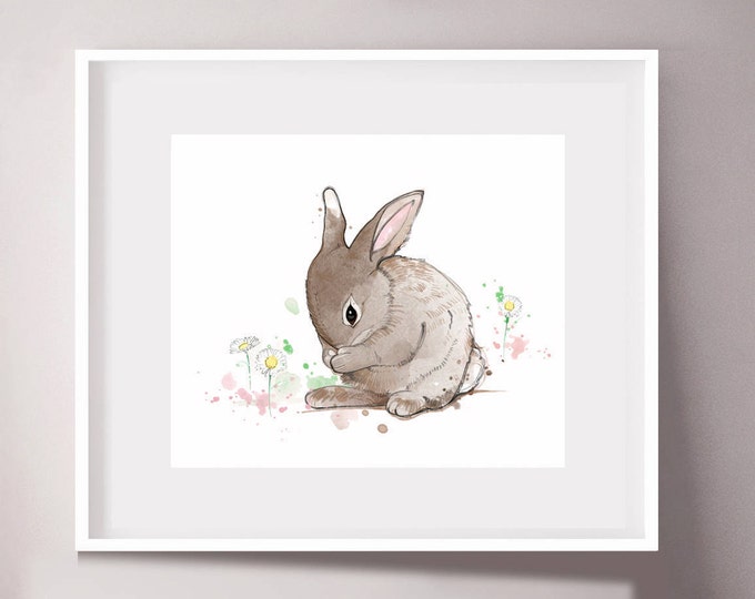 Watercolor bunny print, nursery wall art, baby shower gift, sweet animal print