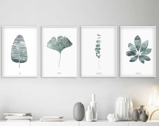 Set of 4 botanical fine art prints, watercolor green leaves print