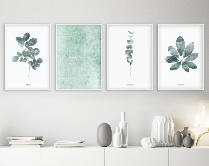 Set of 4 modern botanical prints, green wall art, modern watercolor leaf print