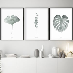 Set of 3 botanical fine art prints, green leaves wall art, watercolor leaves