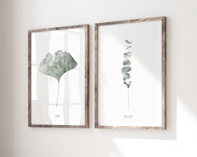 Set of 2 botanical art prints, green wall art, watercolor ginkgo print, eucalyptus print