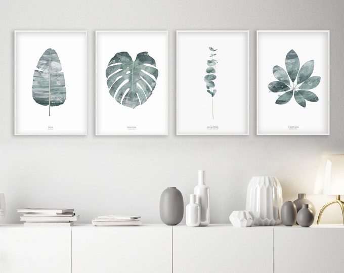 Set of 4 botanical prints, Tropical leaves print, modern Watercolor Leaf