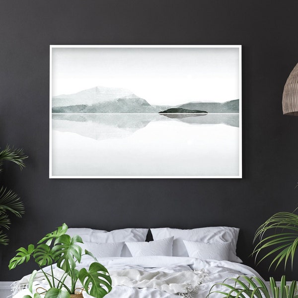 Minimalistischer Bergsee Kunstdruck, skandynavische Wandkunst, Wohnzimmer Wandkunst, Schlafzimmer Kunstdruck