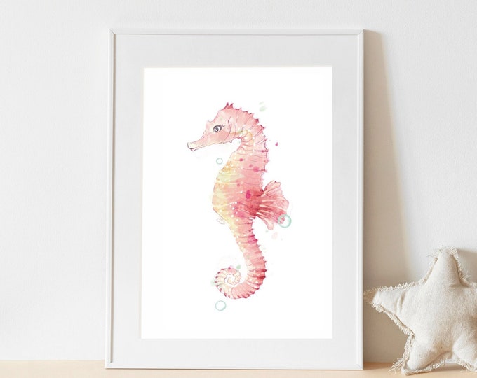 Watercolor coral seahorse fine art print, nursery wall art decor