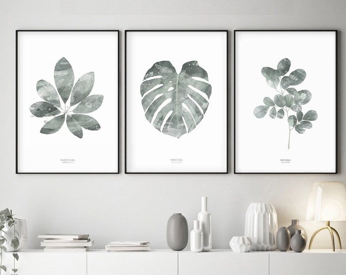 Set of 3 leaves prints, botanical set, green wall art