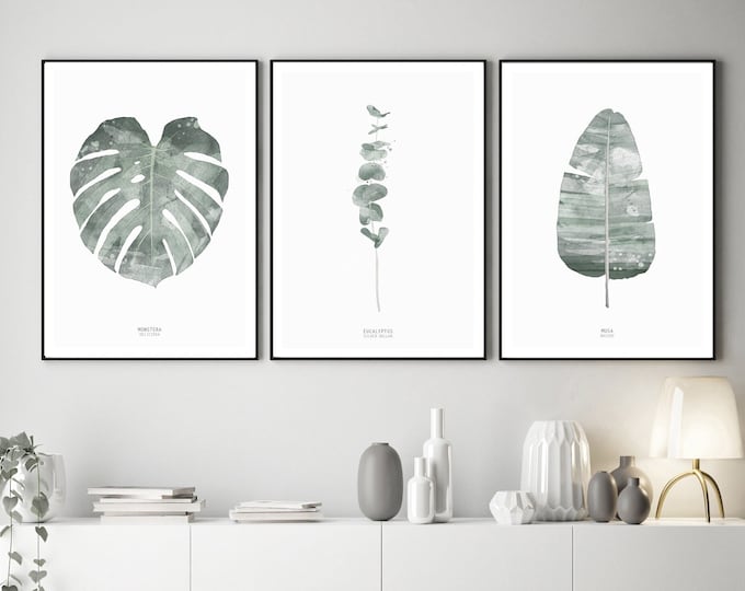 Set of 3 botanical prints, tropical leaves wall art, green prints