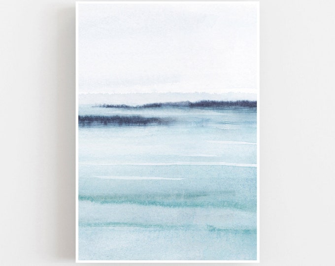 Abstract watercolor foggy landscape print, scandinavian wall art decor, light blue watercolor, beach house print